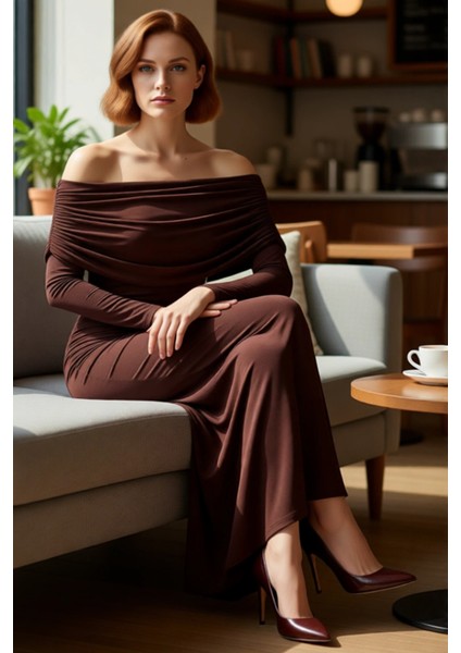 Kadın Bodycon Kahverengi Uzun Kol Carmen Yaka Maxi Elbise Şık Akşam Davetleri Için Ideal Kaliteli fiyatları