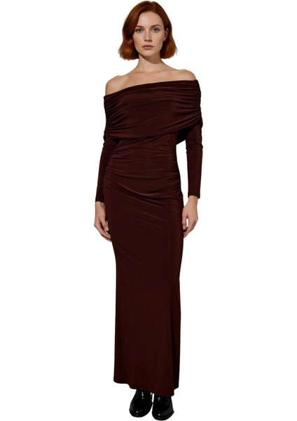 Kadın Bodycon Kahverengi Uzun Kol Carmen Yaka Maxi Elbise Şık Akşam Davetleri Için Ideal Kaliteli modelleri