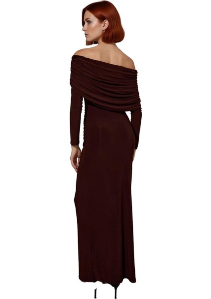 Kadın Bodycon Kahverengi Uzun Kol Carmen Yaka Maxi Elbise Şık Akşam Davetleri Için Ideal Kaliteli fırsatları