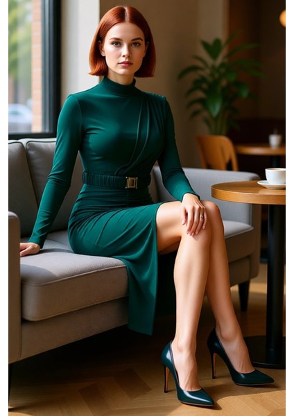 Kadın Dik Yaka Kemerli Drapeli Fitted Örme Midi Elbise Uzun Kollu Şık ve Modern Tasarımlı Kaliteli fiyatları