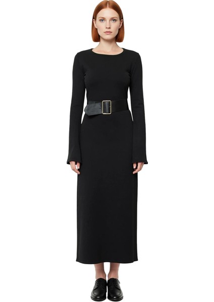 Kadın Siyah Triko Maxi Elbise Havuz Yaka A Kesim Kemerli Uzun Kollu Şık Günlük Kombinler Için Ideal modelleri