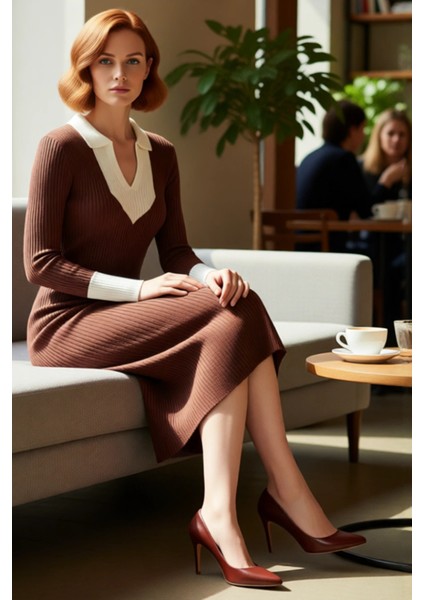 Kadın Triko Midi Elbise Uzun Kollu Polo Yaka Bodycon Kesim Renk Bloklu Smart Ofis Şıklığı Kaliteli fiyatları