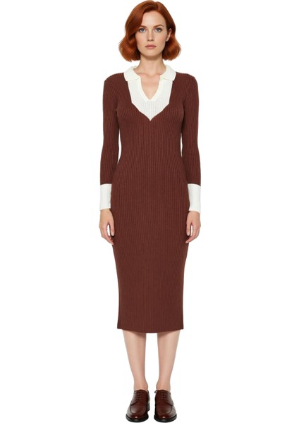 Kadın Triko Midi Elbise Uzun Kollu Polo Yaka Bodycon Kesim Renk Bloklu Smart Ofis Şıklığı Kaliteli modelleri