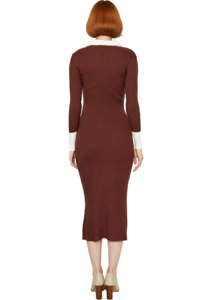 Kadın Triko Midi Elbise Uzun Kollu Polo Yaka Bodycon Kesim Renk Bloklu Smart Ofis Şıklığı Kaliteli fırsatları