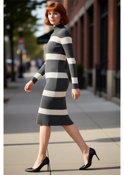 Kadın Triko Çizgili Bodycon Midi Elbise Dik Yaka Uzun Standart Kol Akrilik Rahat Şık Tasarım