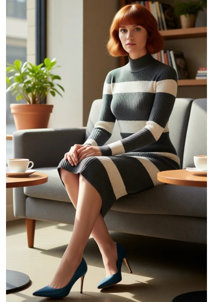 Kadın Triko Çizgili Bodycon Midi Elbise Dik Yaka Uzun Standart Kol Akrilik Rahat Şık Tasarım fiyatları