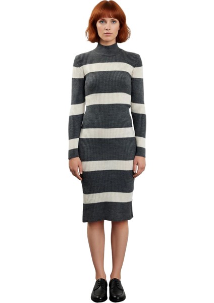 Kadın Triko Çizgili Bodycon Midi Elbise Dik Yaka Uzun Standart Kol Akrilik Rahat Şık Tasarım modelleri