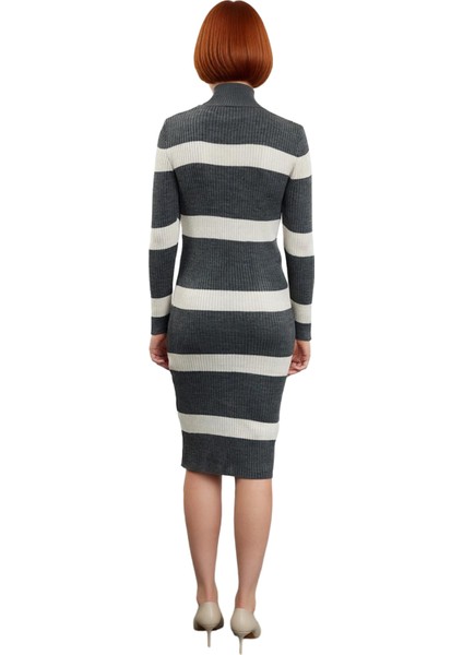 Kadın Triko Çizgili Bodycon Midi Elbise Dik Yaka Uzun Standart Kol Akrilik Rahat Şık Tasarım fırsatları