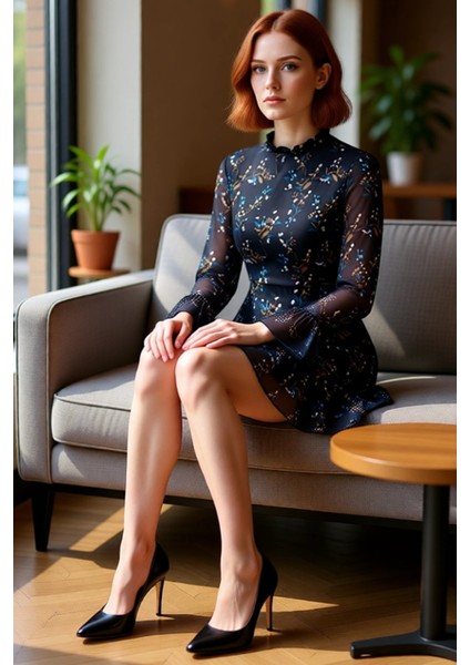 Kadınlar Için Dik Yaka Fırfır Detaylı Çiçek Desenli Şifon A Line Uzun Kollu Mini Elbise Kaliteli fiyatları