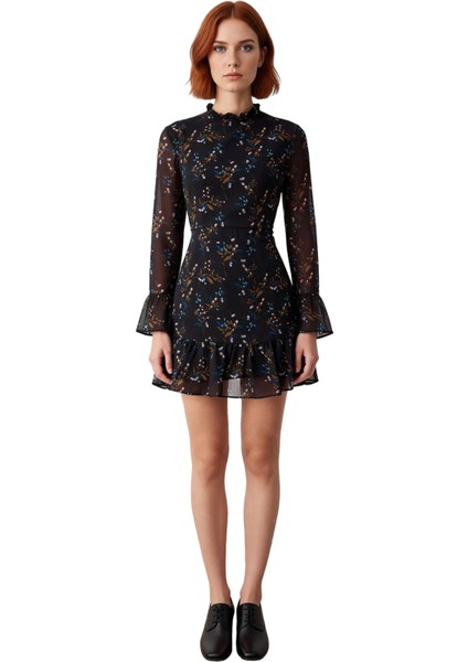 Kadınlar Için Dik Yaka Fırfır Detaylı Çiçek Desenli Şifon A Line Uzun Kollu Mini Elbise Kaliteli modelleri