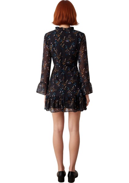 Kadınlar Için Dik Yaka Fırfır Detaylı Çiçek Desenli Şifon A Line Uzun Kollu Mini Elbise Kaliteli fırsatları