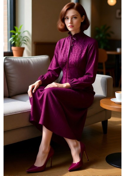 Kadın A Kesim Jakar Dokuma Maxi Elbise Fırfırlı Yüksek Yakasıyla Şık ve Zarif Bir Görünüm Sunuyor. fiyatları