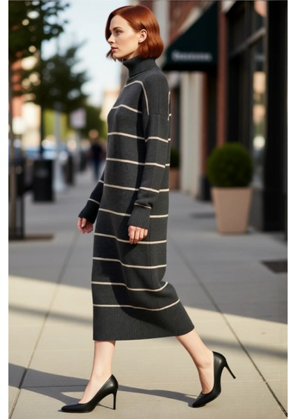 Kadın Balıkçı Yaka Çizgili Shift Kalıp Uzun Kollu Triko Elbise Kış Aylarının Vazgeçilmezi Kaliteli