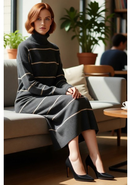 Kadın Balıkçı Yaka Çizgili Shift Kalıp Uzun Kollu Triko Elbise Kış Aylarının Vazgeçilmezi Kaliteli fiyatları