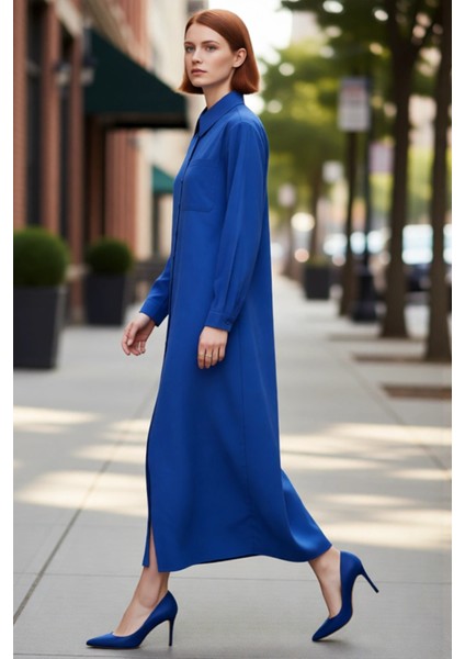 Kadın Düz Desen Gömlek Yaka Uzun Kol Maxi Boy Dokuma Elbise Günlük Şık Kombinler Için Ideal