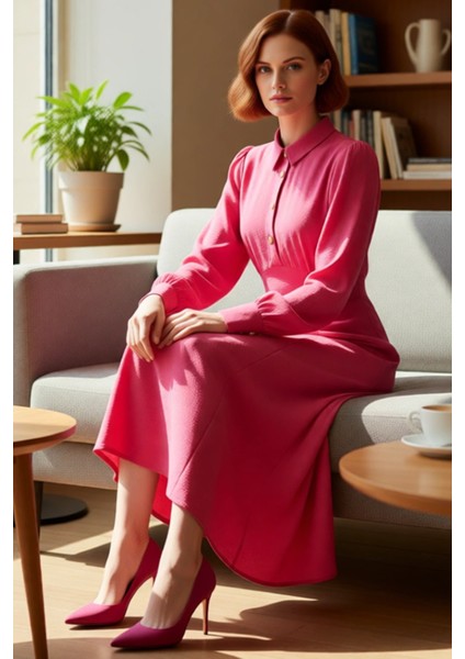 Kadın Gömlek Yaka Skater Kalıp Düz Desen Maxi Boy Uzun Kollu Dokuma Aerobin Elbise Kaliteli fiyatları