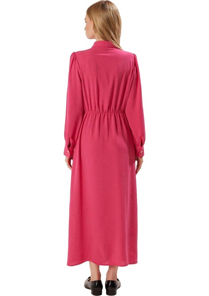 Kadın Gömlek Yaka Skater Kalıp Düz Desen Maxi Boy Uzun Kollu Dokuma Aerobin Elbise Kaliteli fırsatları