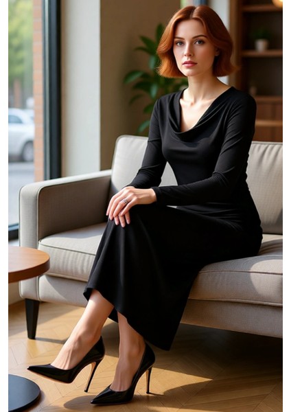 Kadın Bodycon Degaje Yaka Büzgülü Maxi Elbise Kalın Sandy Dokuma Uzun Kollu Şık Kış Stili Kaliteli fiyatları