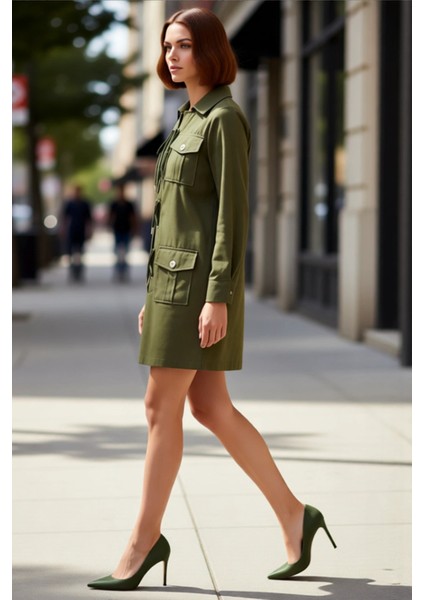 Kadın Haki Bağlama Detaylı %100 Pamuk Gömlek Yaka Uzun Kollu Mini Elbise Şık Kış Kombinleri