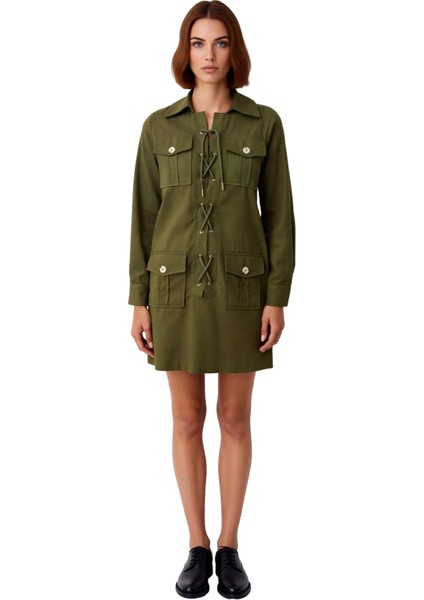 Kadın Haki Bağlama Detaylı %100 Pamuk Gömlek Yaka Uzun Kollu Mini Elbise Şık Kış Kombinleri modelleri