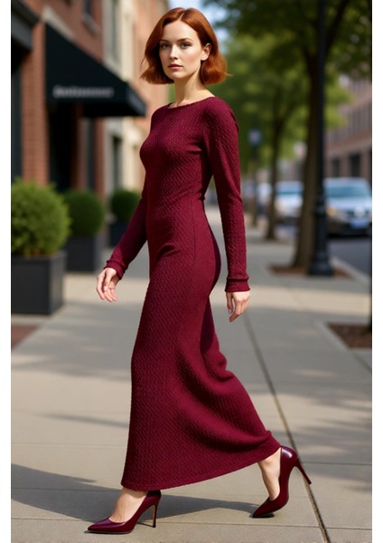Kadın Gofre Dokulu Maxi Elbise Bodycon Kesim Uzun Kollu Kayık Yaka Sırt Dekolteli Kış Stili fırsatları