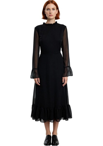 Kadın Uzun Ispanyol Kollu Astarlı A Line Midi Şifon Elbise Dik Yaka ve Fırfır Detayları ile Şık fiyatları