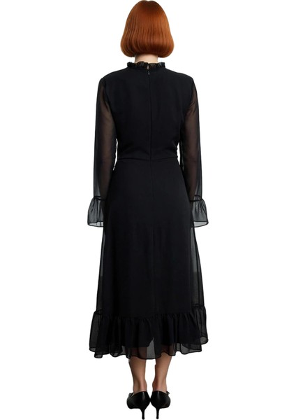 Kadın Uzun Ispanyol Kollu Astarlı A Line Midi Şifon Elbise Dik Yaka ve Fırfır Detayları ile Şık modelleri