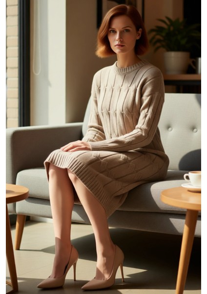 Kadın Saç Örgü Desenli Shift Kalıp Uzun Kol Bisiklet Yaka Mini Triko Elbise Şık ve Konforlu fiyatları