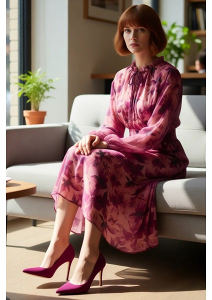 Kadın Pembe Çiçekli Şifon Skater Midi Elbise Bağlamalı Yakalı Uzun Kollu Rahat ve Şık Kaliteli fiyatları