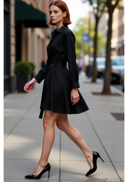 Kadın Günlük Şık Gömlek Yaka Kuşaklı Mini Elbise Uzun Yarasa Kol Rahat Dokuma Tasarım Kaliteli fırsatları