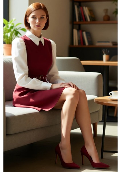 Kadın Belden Açılan Skater Kesim Mini Elbise Gömlek Yaka ve Balon Kol Detaylı Kışlık Konfor Sunar