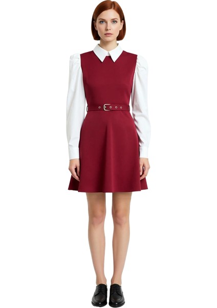 Kadın Belden Açılan Skater Kesim Mini Elbise Gömlek Yaka ve Balon Kol Detaylı Kışlık Konfor Sunar fiyatları