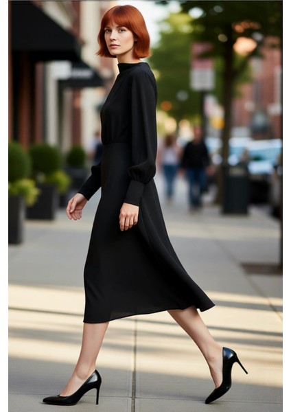 Kadın Degaje Yaka Balon Kol A Kesim Astarlı Krep Midi Elbise Zarif Şık Kışlık Gündüz Gece Stil