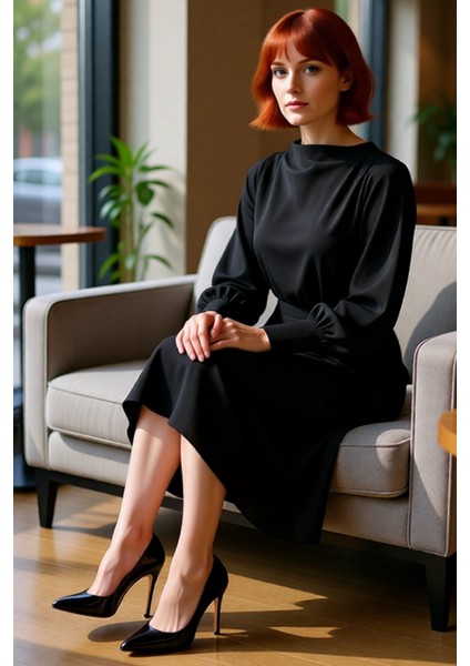 Kadın Degaje Yaka Balon Kol A Kesim Astarlı Krep Midi Elbise Zarif Şık Kışlık Gündüz Gece Stil fiyatları