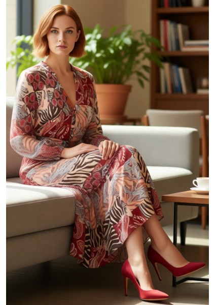 Kadın Çok Renkli Etnik Şal Desenli Midi Dokuma Elbise V Yaka Kuşaklı A Kesim Astarlı Uzun Kollu fiyatları