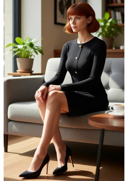 Kadın Bodycon Fitilli Uzun Kol Düğmeli Bisiklet Yaka Mini Örme Elbise Günlük Şıklık Sunar Kaliteli fiyatları