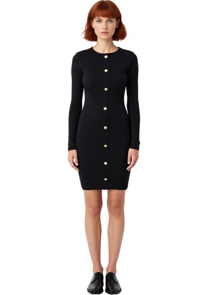 Kadın Bodycon Fitilli Uzun Kol Düğmeli Bisiklet Yaka Mini Örme Elbise Günlük Şıklık Sunar Kaliteli modelleri