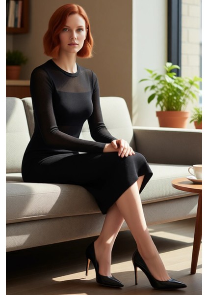 Kadın Şık Siyah Triko Midi Elbise Bodycon Kalıp Uzun Kollu Bisiklet Yaka Transparan Vurgulu Sonbahar