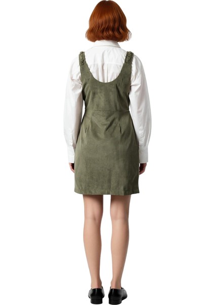 Kadın Düz Desen Haki Kadife Jile Mini Elbise Askılı Tasarım Günlük Kış ve Sonbahar Şıklığı modelleri