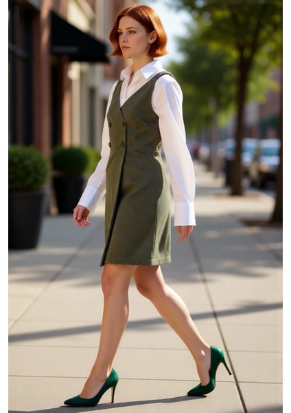 Kadın Düz Desen Haki Kadife Jile Mini Elbise Askılı Tasarım Günlük Kış ve Sonbahar Şıklığı fırsatları