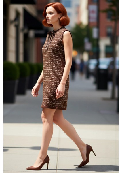 Kadın Kahverengi Dokulu Shift Kalıp Kolsuz Mini Triko Elbise Kış ve Sonbahar Şıklığı Için Ideal