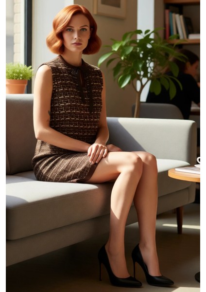 Kadın Kahverengi Dokulu Shift Kalıp Kolsuz Mini Triko Elbise Kış ve Sonbahar Şıklığı Için Ideal fiyatları