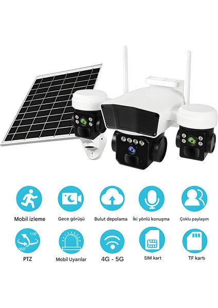 RX95G Solar Güvenlik Kamerası Türkçe 4g Sim Kartlı Ptz Hareketli Gece Görüşlü Güneş Panelli Kamera