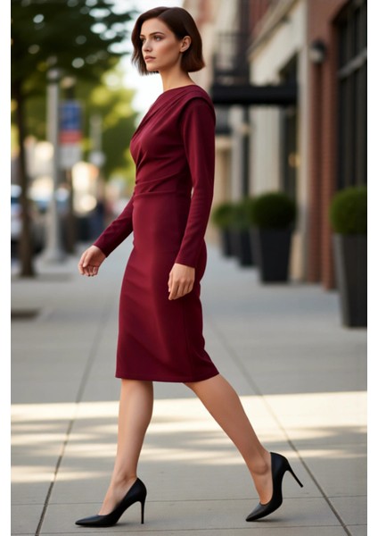 Kadın Midi Boy Asimetrik Kayık Yaka Bodycon Uzun Kollu Scuba Krep Örme Elbise Şık Kışlık Giyim