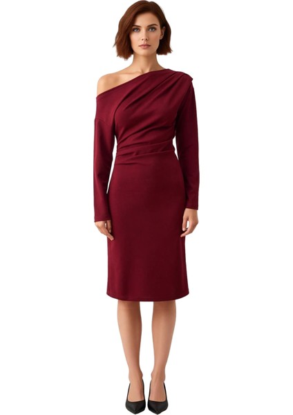 Kadın Midi Boy Asimetrik Kayık Yaka Bodycon Uzun Kollu Scuba Krep Örme Elbise Şık Kışlık Giyim modelleri