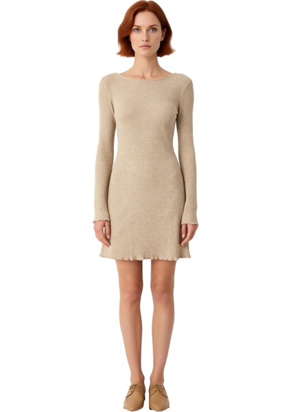 Kadın Bodycon Kesim Kayık Yaka Uzun Kollu Düz Desen Örme Mini Elbise Kışlık Şıklığın Anahtarı modelleri