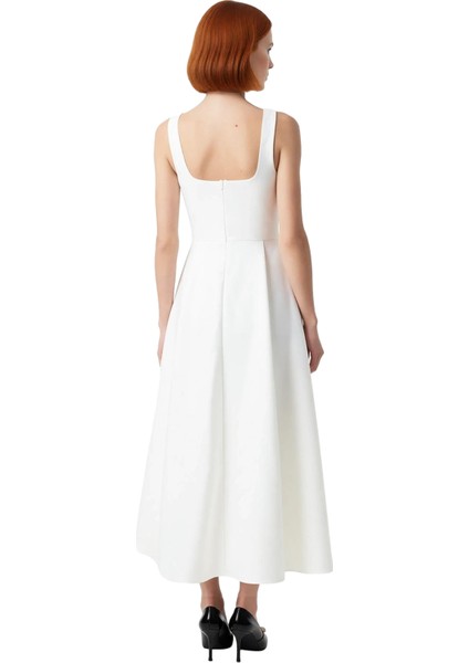 Kadın Skater Kalıp Midi Boy Saten Dokuma Kare Yaka Kokteyl Şık Mezuniyet Elbisesi Kalın Askılı fırsatları