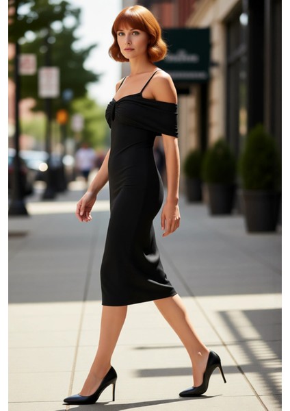 Kadın Bodycon Düz Carmen Yaka Midi Elbise Şık Askılı Örme Kumaş Kokteyl Partileri Için Ideal