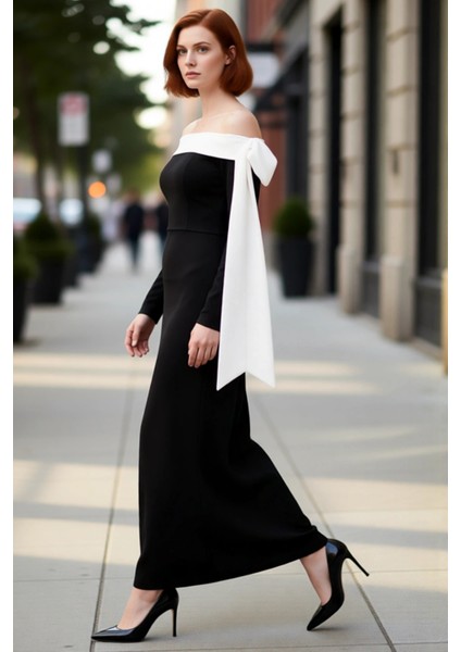 Kadın Carmen Yaka Bodycon Maxi Elbise Scuba Krep Kumaş Uzun Kollu Fiyonk Detaylı Gece Şıklığı