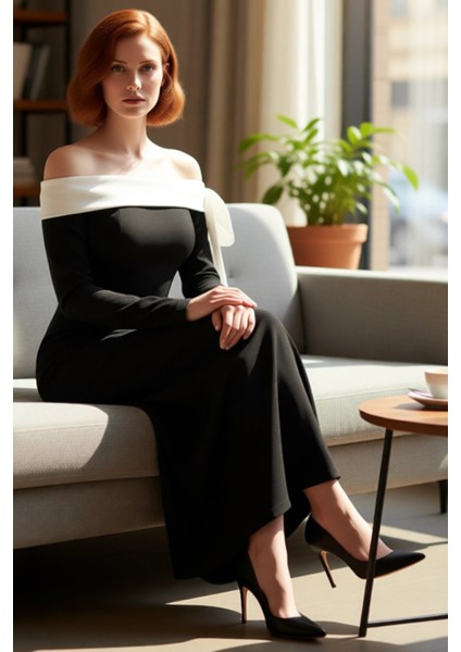 Kadın Carmen Yaka Bodycon Maxi Elbise Scuba Krep Kumaş Uzun Kollu Fiyonk Detaylı Gece Şıklığı fiyatları